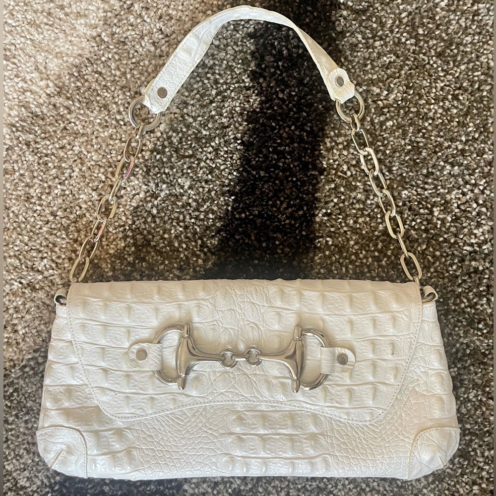 White faux alligator /crocodile textured Shoulder Handbag/Purse